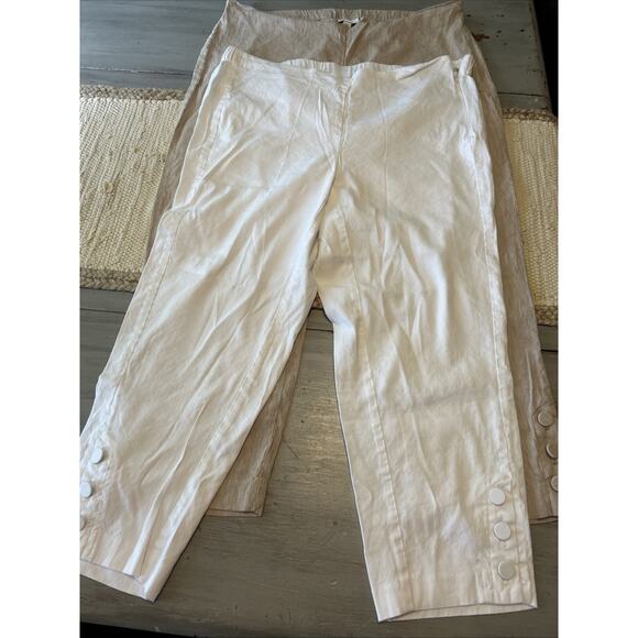 J Jill Linen Stretch Tan White Flat Front Pant Lot Of 2 Sz XL Button Ankle - Picture 1 of 15